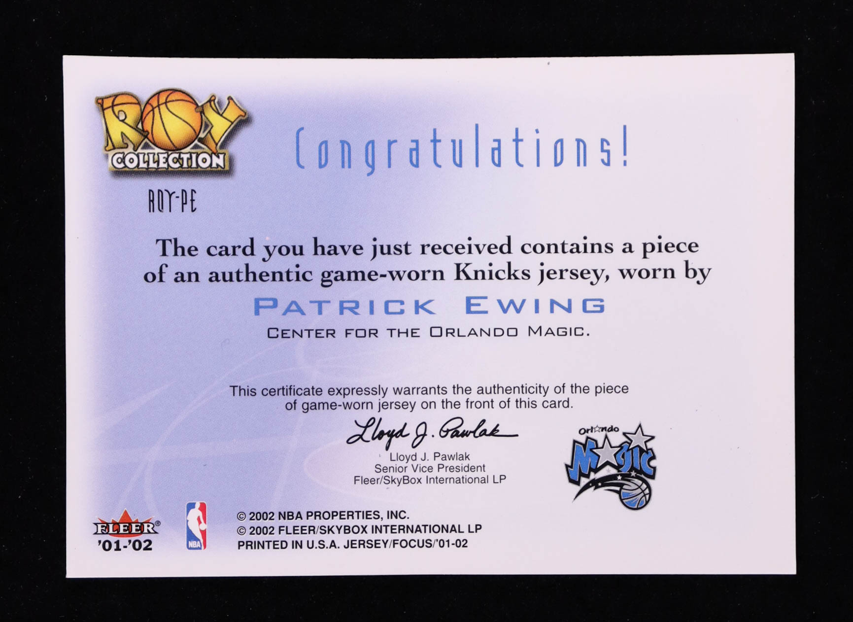 Patrick Ewing 2001-02 Fleer Focus ROY Collection Jerseys #6 at PristineAuction.com Patrick Ewing 2001-02 Fleer Focus ROY Collection Jerseys #6 at PristineAuction.com