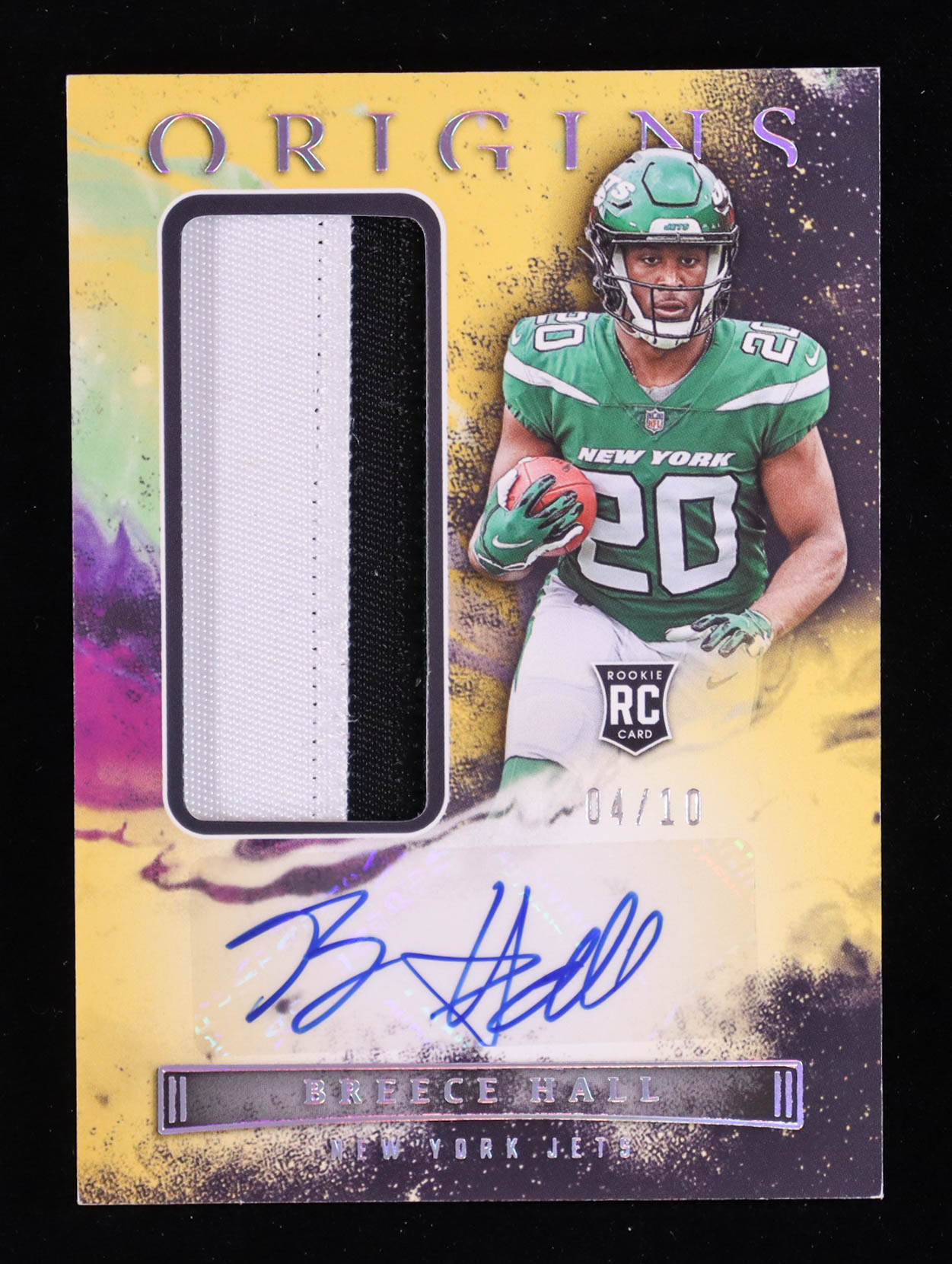 Breece Hall 2022 Panini Origins Gold #157 Jersey Autograph #04/10 RC at PristineAuction.com Breece Hall 2022 Panini Origins Gold #157 Jersey Autograph #04/10 RC at PristineAuction.com