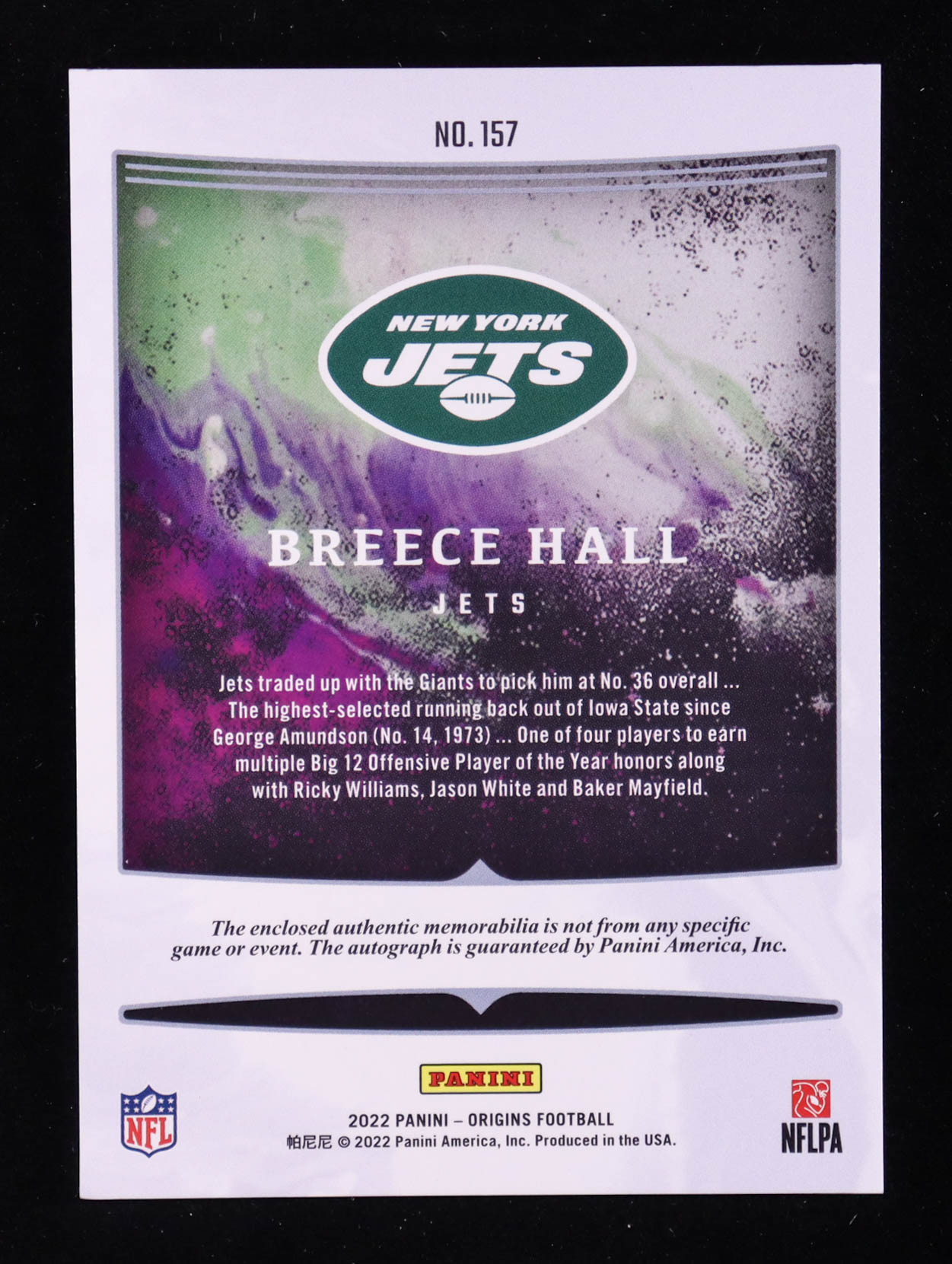 Breece Hall 2022 Panini Origins Gold #157 Jersey Autograph #04/10 RC at PristineAuction.com Breece Hall 2022 Panini Origins Gold #157 Jersey Autograph #04/10 RC at PristineAuction.com