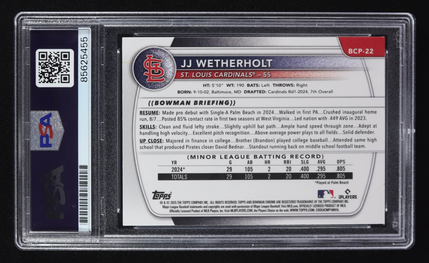 JJ Wetherholt Signed 2025 Bowman Chrome Sapphire Prospects #BCP22 (PSA Encapsulated) at PristineAuction.com JJ Wetherholt Signed 2025 Bowman Chrome Sapphire Prospects #BCP22 (PSA Encapsulated) at PristineAuction.com