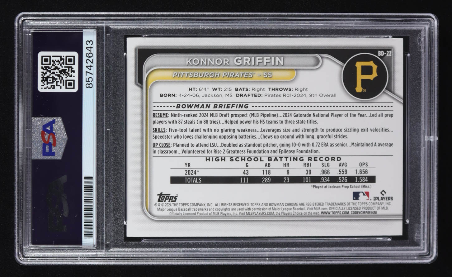 Konnor Griffin Signed 2024 Bowman Draft #BD22 (PSA Encapsulated) at PristineAuction.com Konnor Griffin Signed 2024 Bowman Draft #BD22 (PSA Encapsulated) at PristineAuction.com