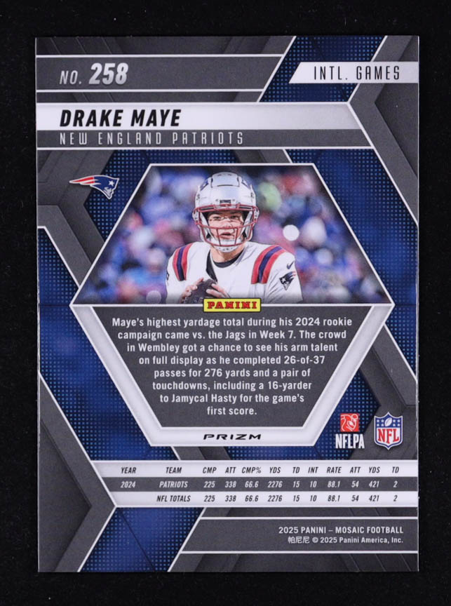 Drake Maye 2025 Panini Mosaic Mosaic Camo Pink IG #258 at PristineAuction.com Drake Maye 2025 Panini Mosaic Mosaic Camo Pink IG #258 at PristineAuction.com