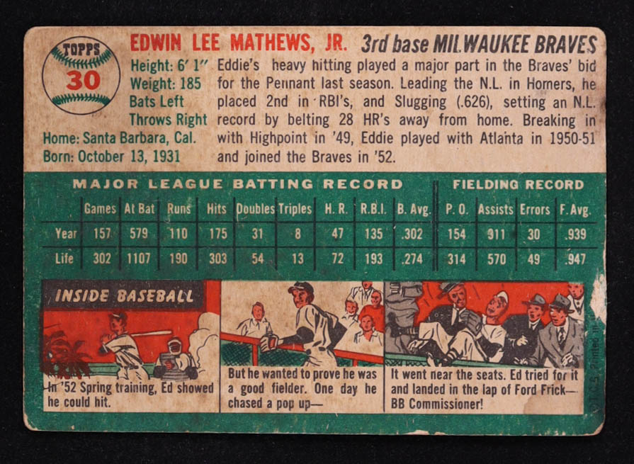 Eddie Mathews 1954 Topps #30 at PristineAuction.com Eddie Mathews 1954 Topps #30 at PristineAuction.com