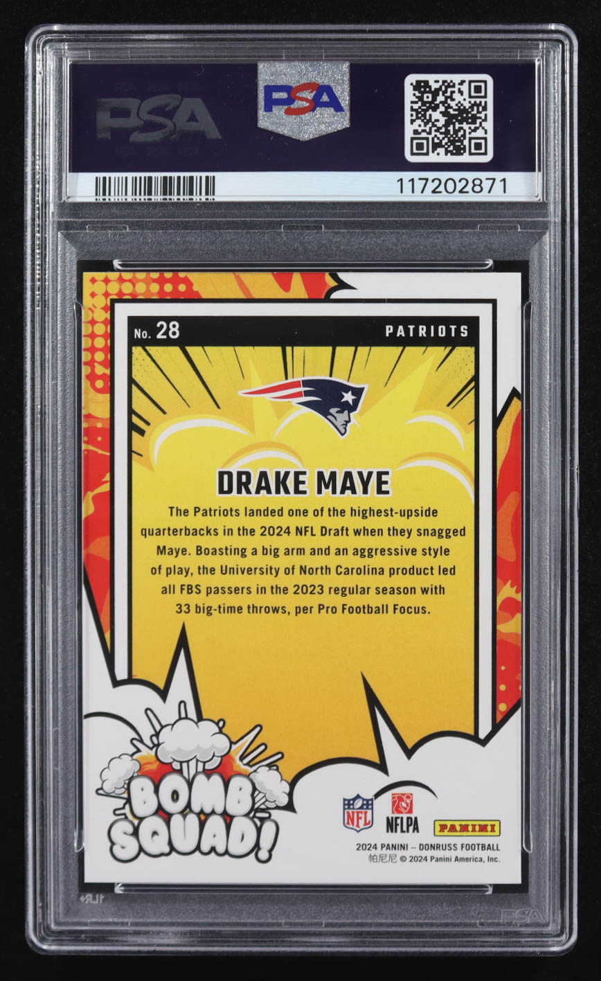 Drake Maye 2024 Donruss Bomb Squad #28 RC (PSA 10) at PristineAuction.com Drake Maye 2024 Donruss Bomb Squad #28 RC (PSA 10) at PristineAuction.com