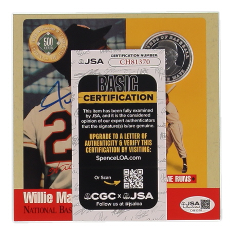 Willie Mays Signed Hall of Fame Legends of Baseball 500 Club Stat Card with Silver Proof Coin (JSA) at PristineAuction.com Willie Mays Signed Hall of Fame Legends of Baseball 500 Club Stat Card with Silver Proof Coin (JSA) at PristineAuction.com