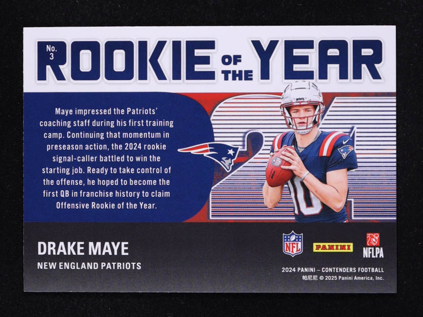 Drake Maye 2024 Panini Contenders Rookie of the Year Contenders #3 RC at PristineAuction.com Drake Maye 2024 Panini Contenders Rookie of the Year Contenders #3 RC at PristineAuction.com