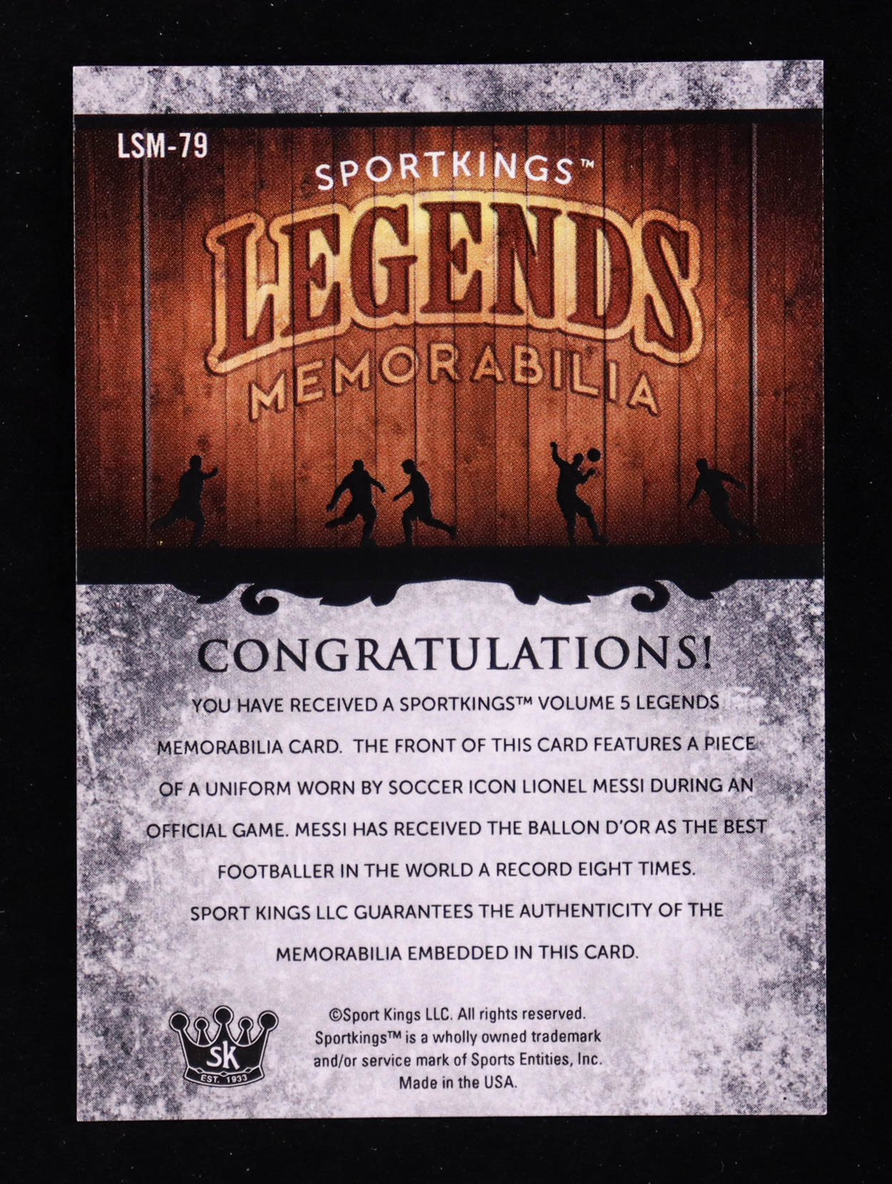 Lionel Messi 2024 Sportkings Volume 5 Legends Memorabilia #LSM79 at PristineAuction.com Lionel Messi 2024 Sportkings Volume 5 Legends Memorabilia #LSM79 at PristineAuction.com