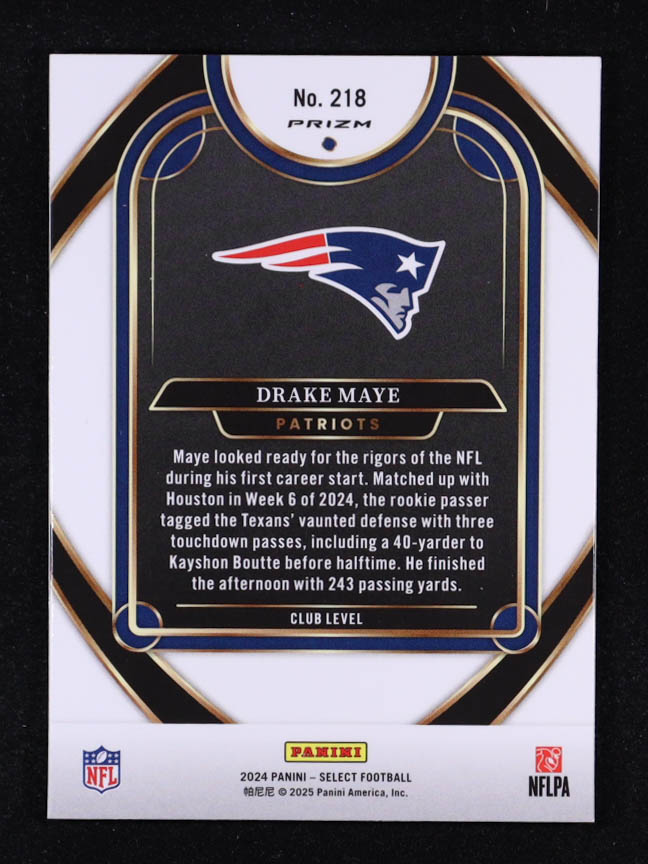 Drake Maye 2024 Select Prizm Black and Red Shock #218 RC at PristineAuction.com Drake Maye 2024 Select Prizm Black and Red Shock #218 RC at PristineAuction.com