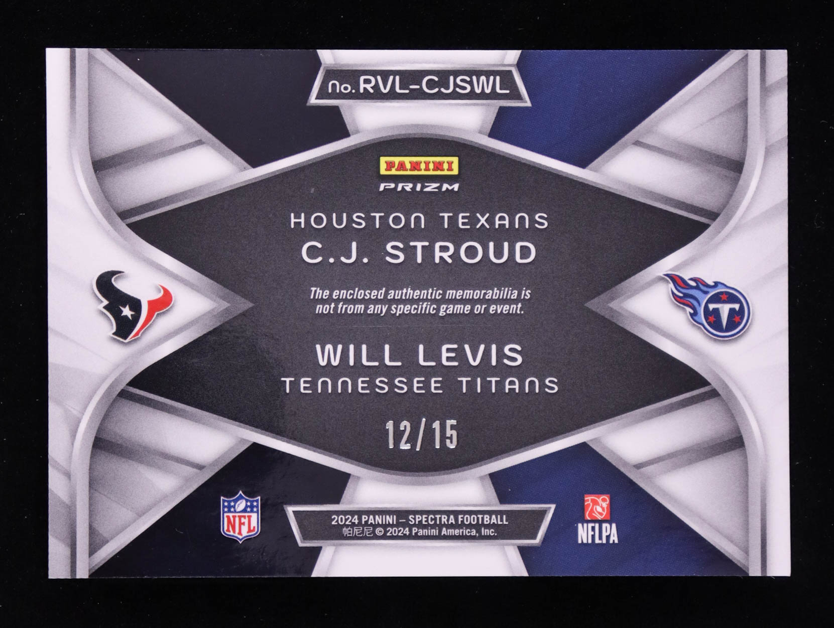 CJ Stroud / Will Levis 2024 Panini Spectra Rivals Materials Neon Pink #4 #12/15 at PristineAuction.com CJ Stroud / Will Levis 2024 Panini Spectra Rivals Materials Neon Pink #4 #12/15 at PristineAuction.com