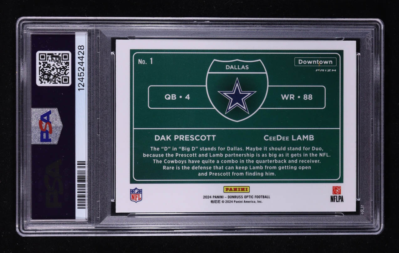 CeeDee Lamb / Dak Prescott 2024 Donruss Optic Downtown Duos #1 (PSA 10) at PristineAuction.com CeeDee Lamb / Dak Prescott 2024 Donruss Optic Downtown Duos #1 (PSA 10) at PristineAuction.com
