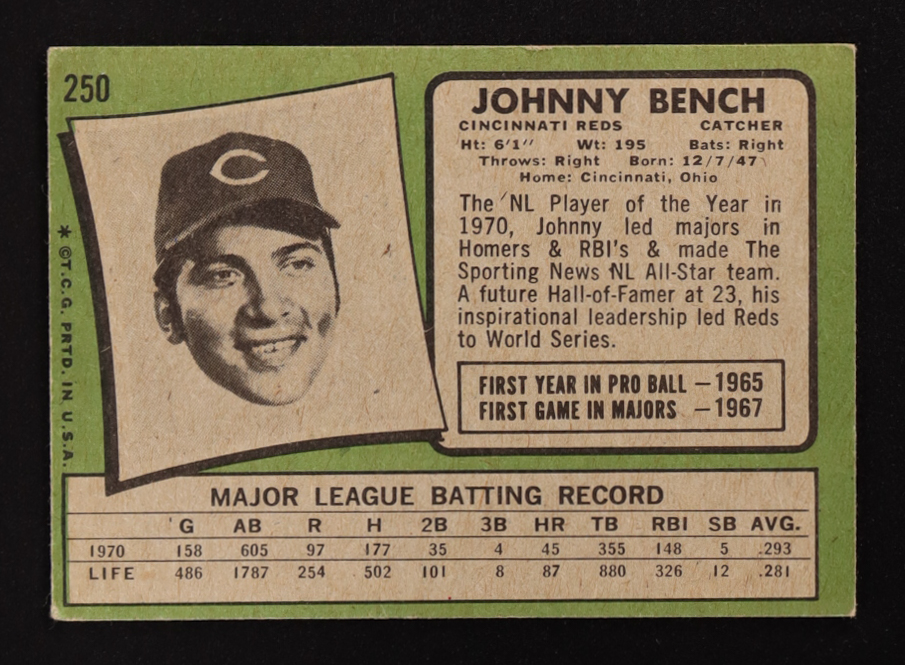 Johnny Bench 1971 Topps #250 at PristineAuction.com Johnny Bench 1971 Topps #250 at PristineAuction.com