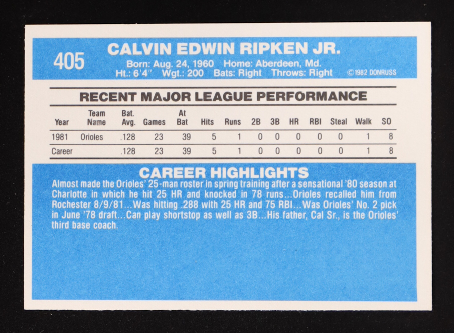 Cal Ripken 1982 Donruss #405 RC at PristineAuction.com Cal Ripken 1982 Donruss #405 RC at PristineAuction.com