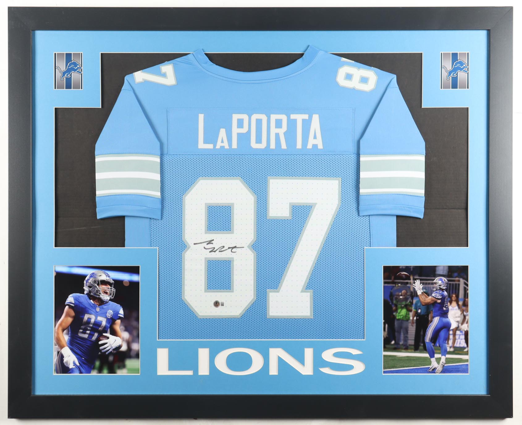 Sam LaPorta Signed Custom Framed Jersey Display (Beckett) at PristineAuction.com Sam LaPorta Signed Custom Framed Jersey Display (Beckett) at PristineAuction.com