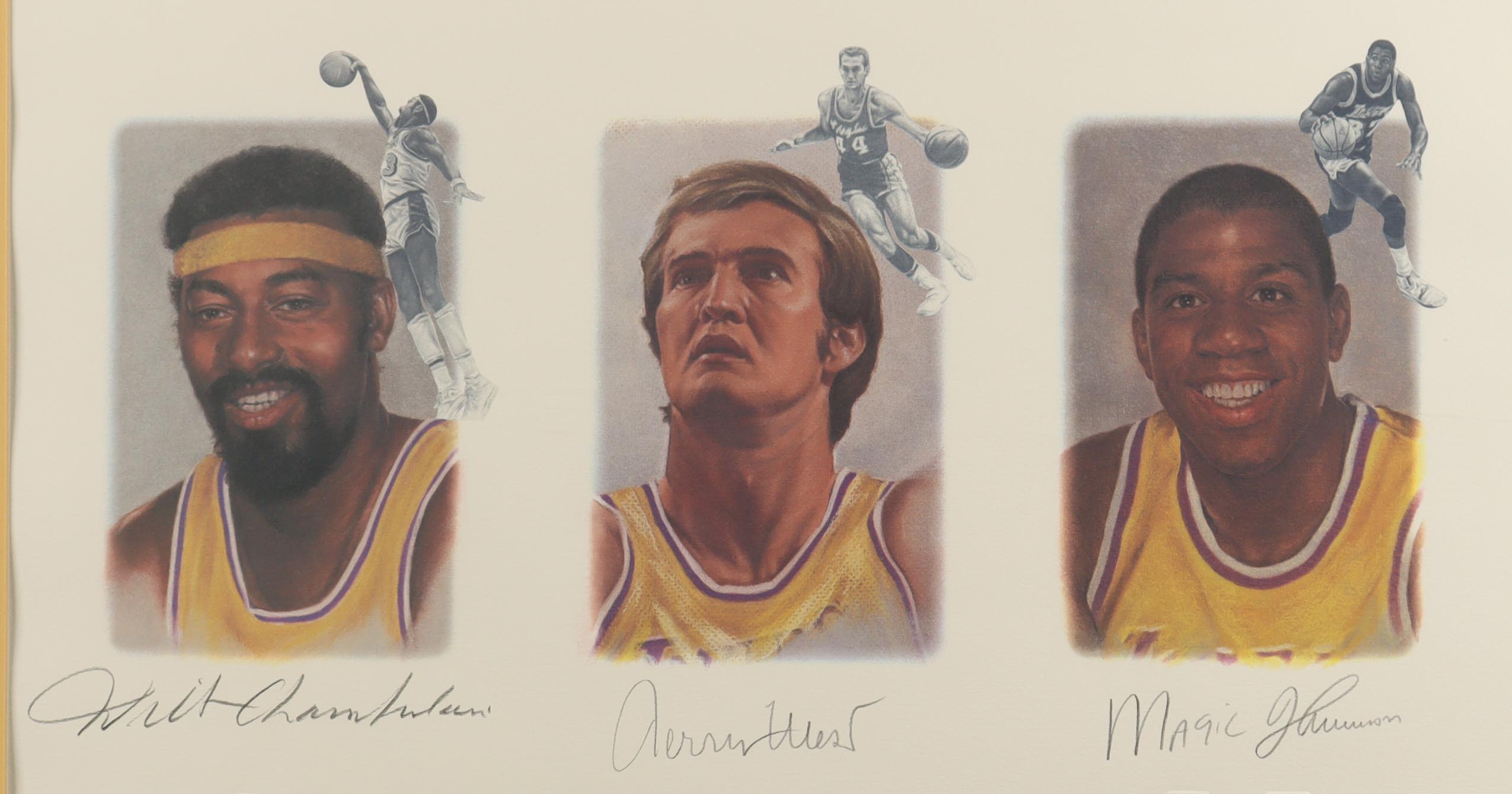 Lakers Legends | LE Custom Framed Art Print Signed by (5) with Magic Johnson, Wilt Chamberlain, Kareem Abdul-Jabbar at PristineAuction.com Lakers Legends | LE Custom Framed Art Print Signed by (5) with Magic Johnson, Wilt Chamberlain, Kareem Abdul-Jabbar at PristineAuction.com