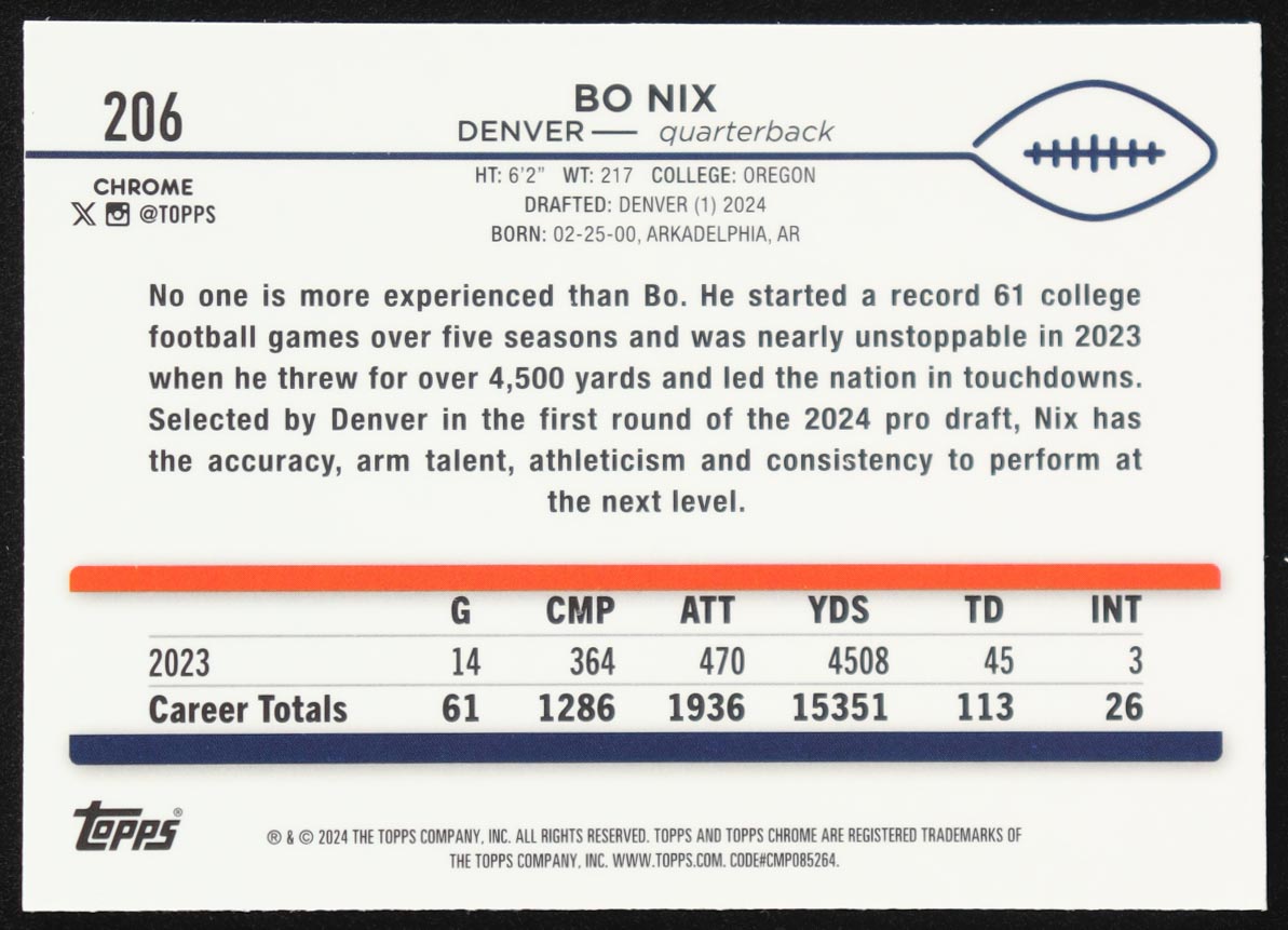 Bo Nix 2024 Topps Chrome #206 RC at PristineAuction.com Bo Nix 2024 Topps Chrome #206 RC at PristineAuction.com