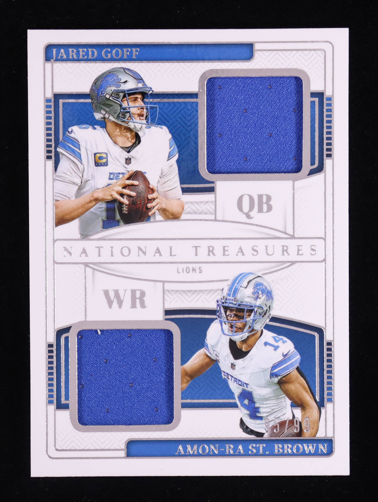 Jared Goff / Amon-Ra St. Brown 2024 Panini National Treasures NFL Gear Combo Materials #10 #95/99 at PristineAuction.com Jared Goff / Amon-Ra St. Brown 2024 Panini National Treasures NFL Gear Combo Materials #10 #95/99 at PristineAuction.com