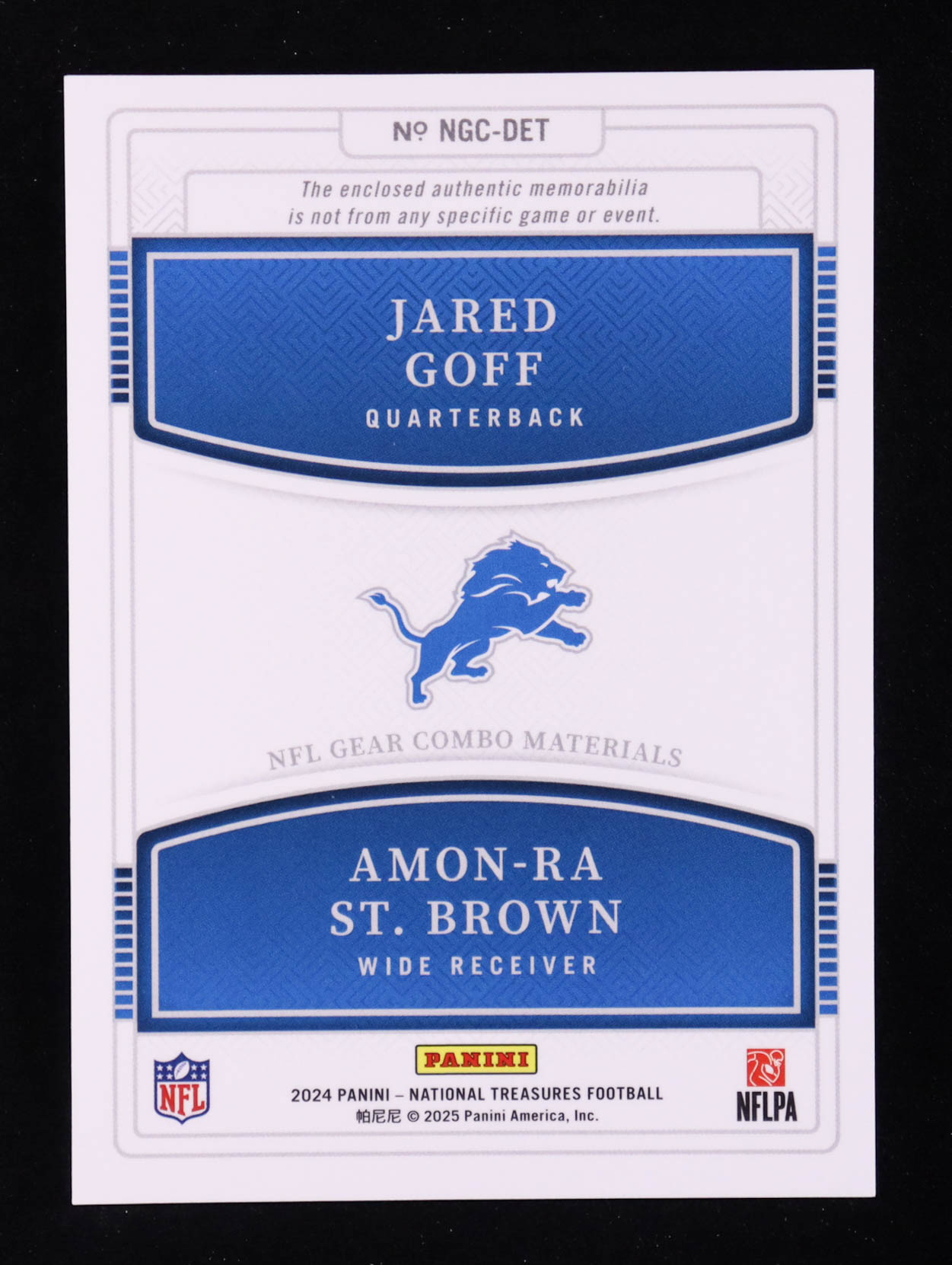 Jared Goff / Amon-Ra St. Brown 2024 Panini National Treasures NFL Gear Combo Materials #10 #95/99 at PristineAuction.com Jared Goff / Amon-Ra St. Brown 2024 Panini National Treasures NFL Gear Combo Materials #10 #95/99 at PristineAuction.com