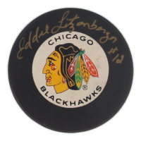Ed Litzenberger Signed Blackhawks Logo Hockey Puck (Beckett) at PristineAuction.com