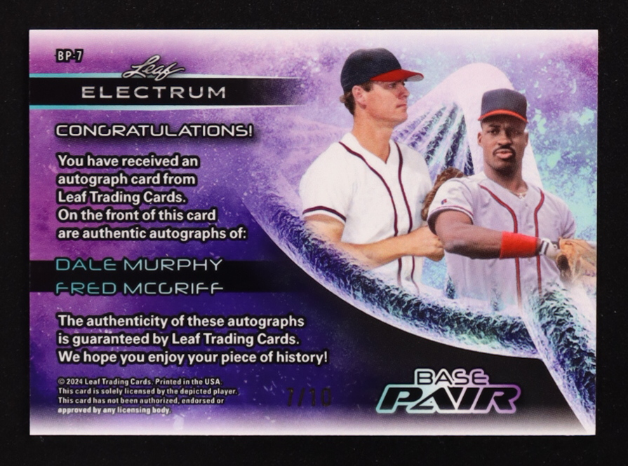 Dale Murphy / Fred McGriff 2024 Leaf Electrum Base Pair Autographs Spectrum Pink Holofoil #BP7 #07/10 at PristineAuction.com Dale Murphy / Fred McGriff 2024 Leaf Electrum Base Pair Autographs Spectrum Pink Holofoil #BP7 #07/10 at PristineAuction.com