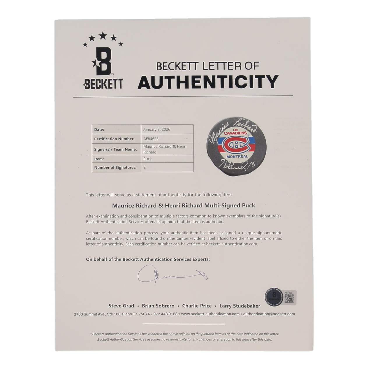 Maurice Richard & Henri Richard Signed Canadiens Logo Hockey Puck (Beckett) at PristineAuction.com Maurice Richard & Henri Richard Signed Canadiens Logo Hockey Puck (Beckett) at PristineAuction.com