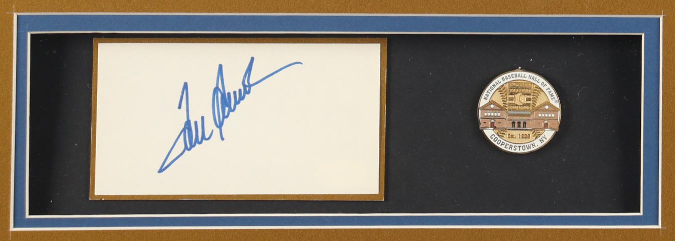 Tom Seaver Signed Custom Framed Cut Display with Jersey & Hall of Fame Induction Pin (Beckett & JSA) at PristineAuction.com Tom Seaver Signed Custom Framed Cut Display with Jersey & Hall of Fame Induction Pin (Beckett & JSA) at PristineAuction.com
