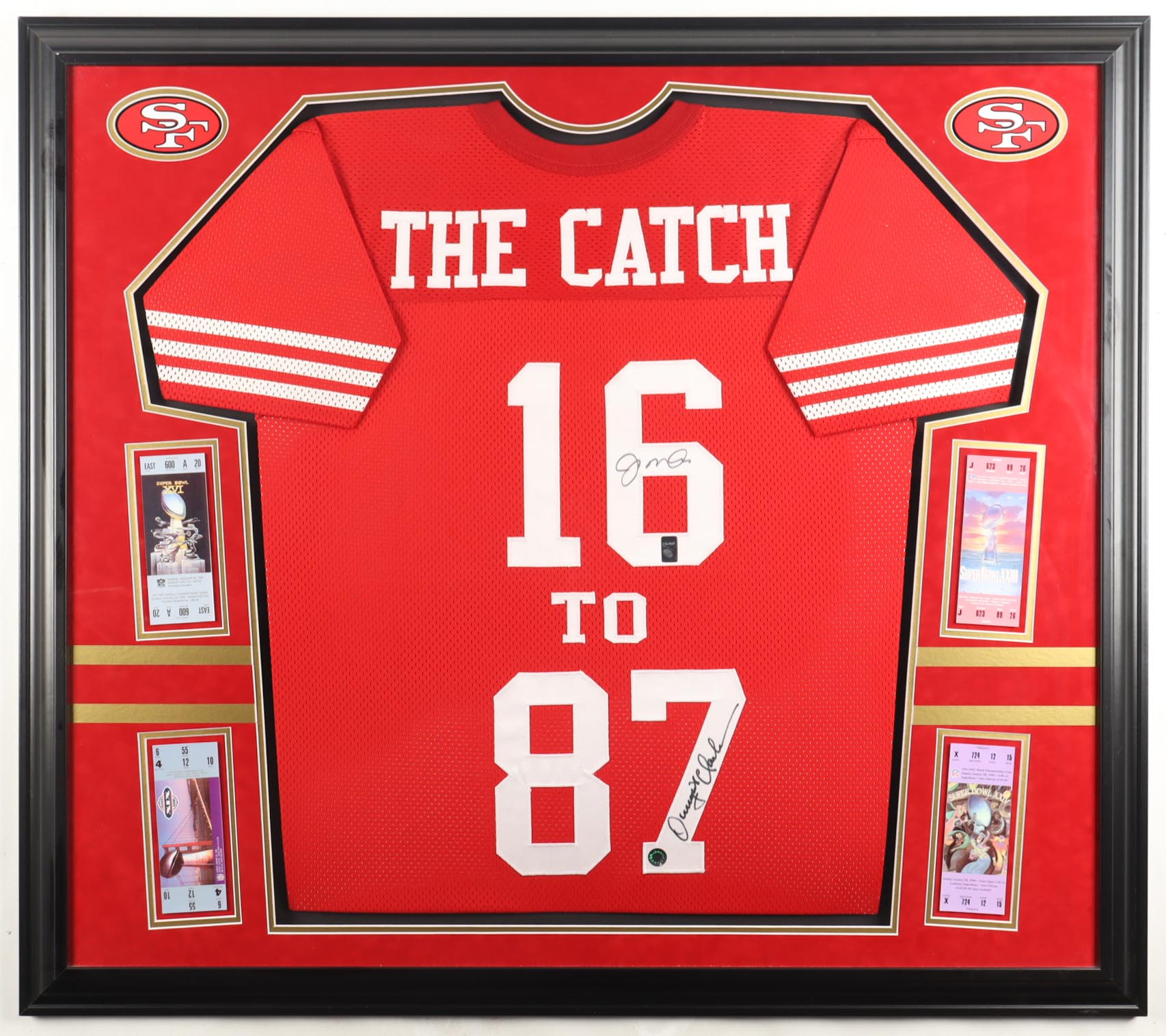Joe Montana & Dwight Clark Signed Custom Framed Jersey Display (Beckett) at PristineAuction.com Joe Montana & Dwight Clark Signed Custom Framed Jersey Display (Beckett) at PristineAuction.com