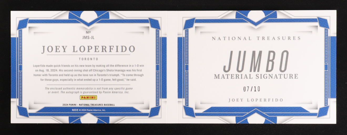 Joey Loperfido 2024 Panini National Treasures Jumbo Material Signature Booklet Holo Gold #JMS-ML RC #07/10 at PristineAuction.com Joey Loperfido 2024 Panini National Treasures Jumbo Material Signature Booklet Holo Gold #JMS-ML RC #07/10 at PristineAuction.com