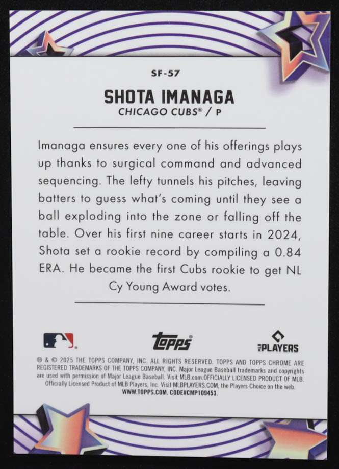 Shota Imanaga 2025 Topps Cosmic Chrome Starfractor Black Refractors #SF57 #10/10 at PristineAuction.com Shota Imanaga 2025 Topps Cosmic Chrome Starfractor Black Refractors #SF57 #10/10 at PristineAuction.com