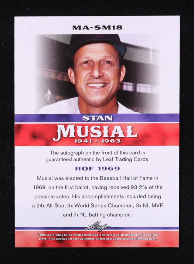 Stan Musial 2015 Leaf Heroes of Baseball Musial Autographs #MASM18 at PristineAuction.com Stan Musial 2015 Leaf Heroes of Baseball Musial Autographs #MASM18 at PristineAuction.com