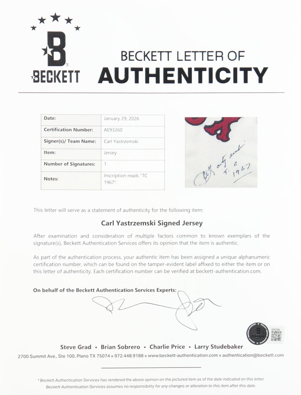 Carl Yastrzemski Signed Red Sox Custom Framed Jersey Inscribed "TC 1967" (Beckett) at PristineAuction.com Carl Yastrzemski Signed Red Sox Custom Framed Jersey Inscribed "TC 1967" (Beckett) at PristineAuction.com