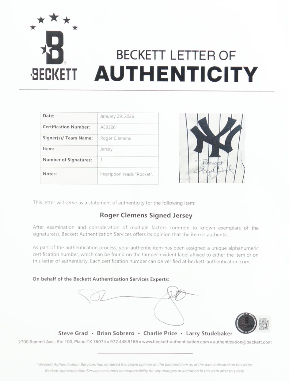 Roger Clemens Signed Custom Framed Jersey Display Inscribed "Rocket" (Beckett) at PristineAuction.com Roger Clemens Signed Custom Framed Jersey Display Inscribed "Rocket" (Beckett) at PristineAuction.com