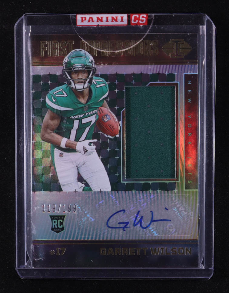 Garrett Wilson 2022 Panini Illusions #108 Jersey Autograph #119/199 EXCH RC at PristineAuction.com Garrett Wilson 2022 Panini Illusions #108 Jersey Autograph #119/199 EXCH RC at PristineAuction.com