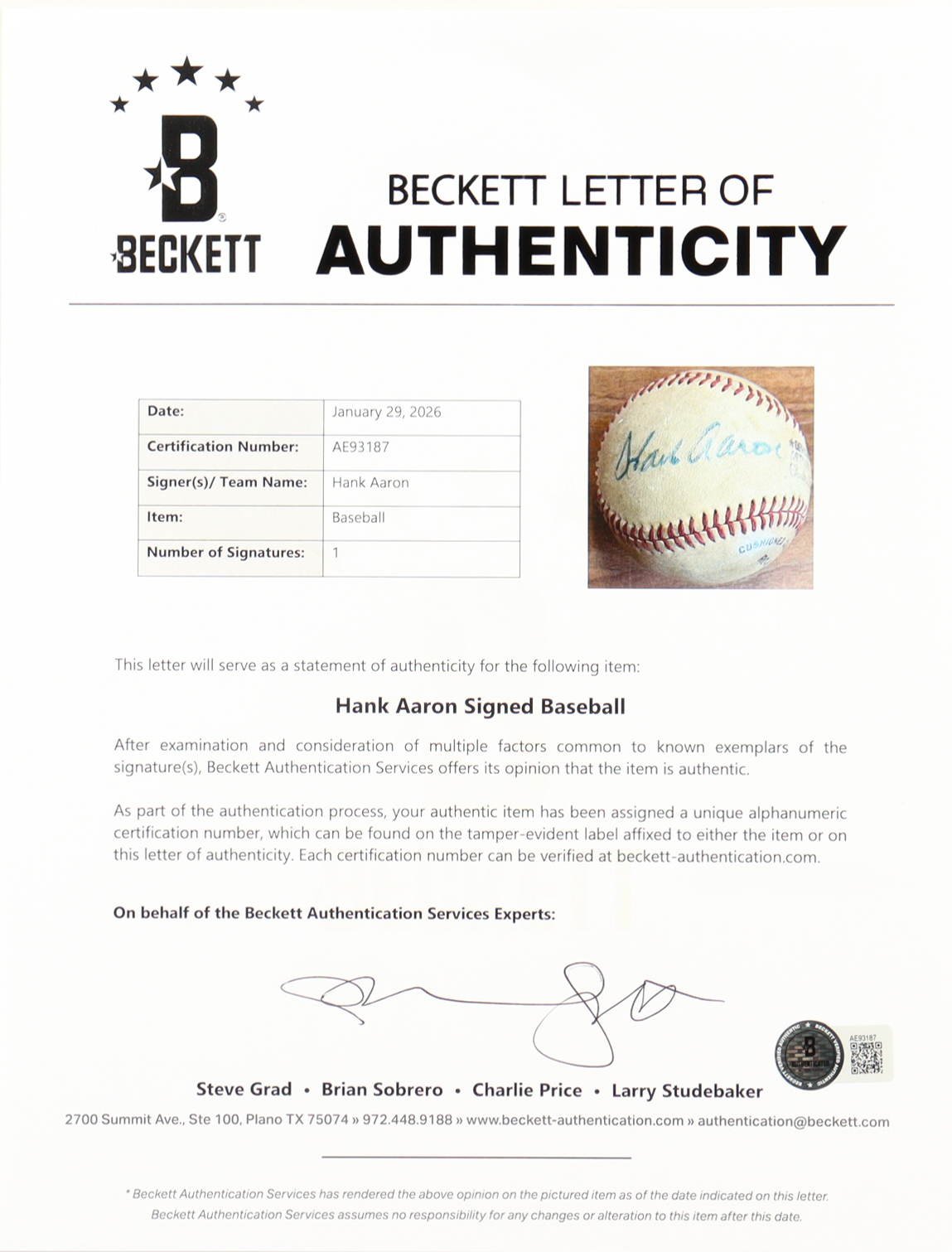 Hank Aaron Signed ONL Baseball (Beckett) at PristineAuction.com Hank Aaron Signed ONL Baseball (Beckett) at PristineAuction.com