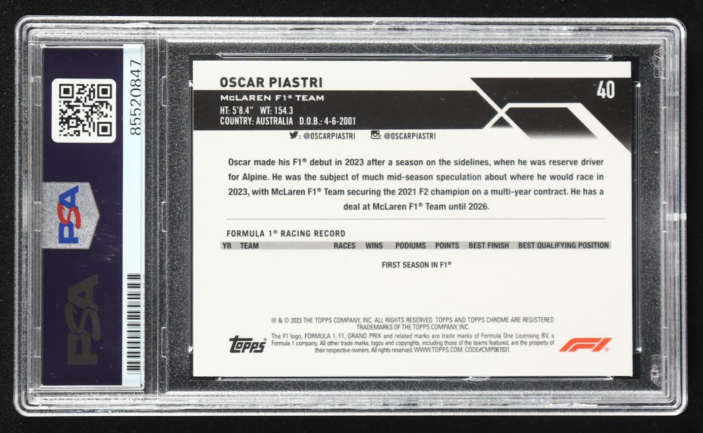 Oscar Piastri Signed 2023 Topps Chrome Formula 1 #40 RC (PSA) at PristineAuction.com Oscar Piastri Signed 2023 Topps Chrome Formula 1 #40 RC (PSA) at PristineAuction.com