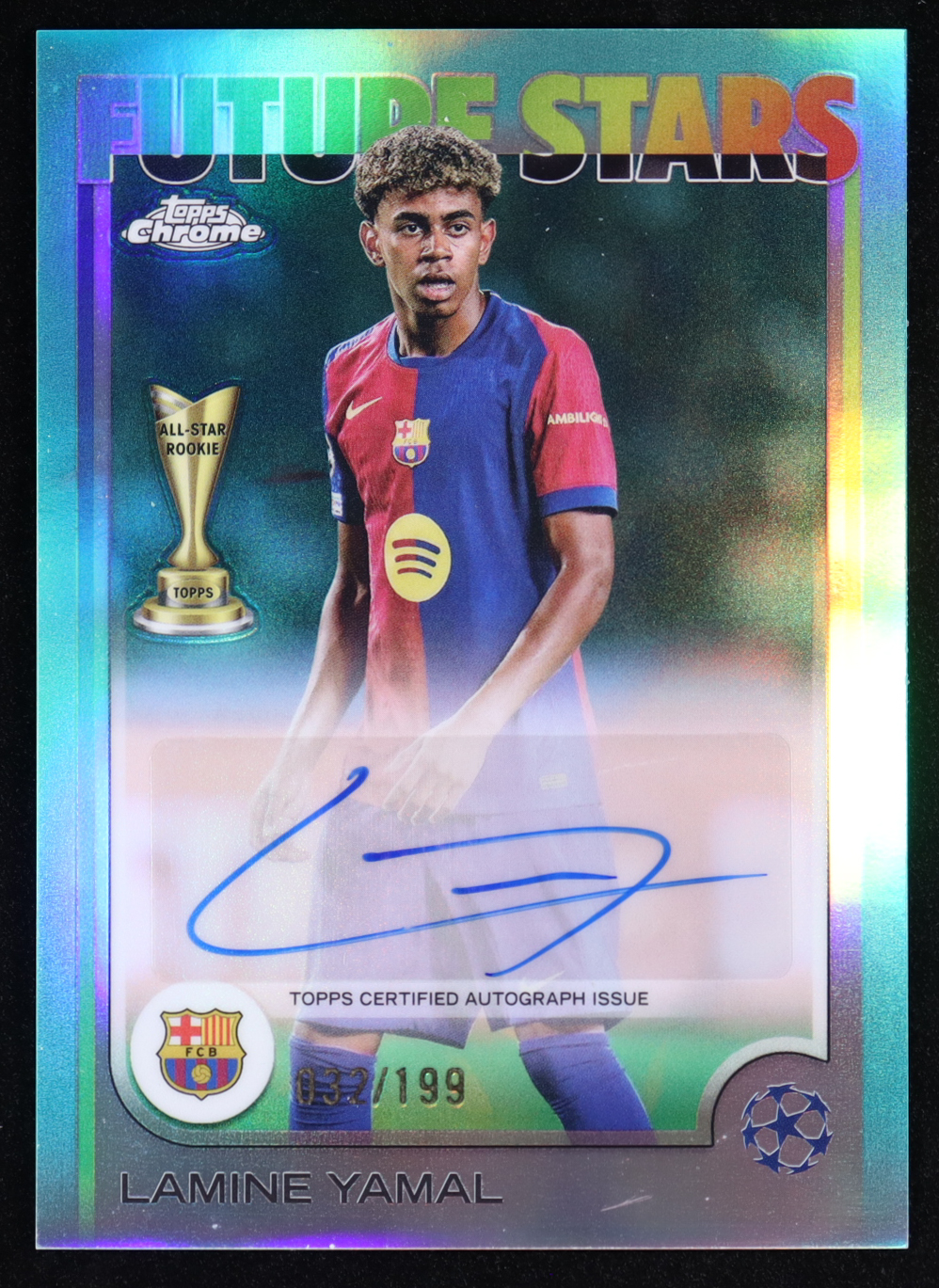Lamine Yamal 2024-25 Topps Chrome UEFA Club Competitions Future Stars Autographs Aqua Refractors #FSALY #032/199 at PristineAuction.com Lamine Yamal 2024-25 Topps Chrome UEFA Club Competitions Future Stars Autographs Aqua Refractors #FSALY #032/199 at PristineAuction.com