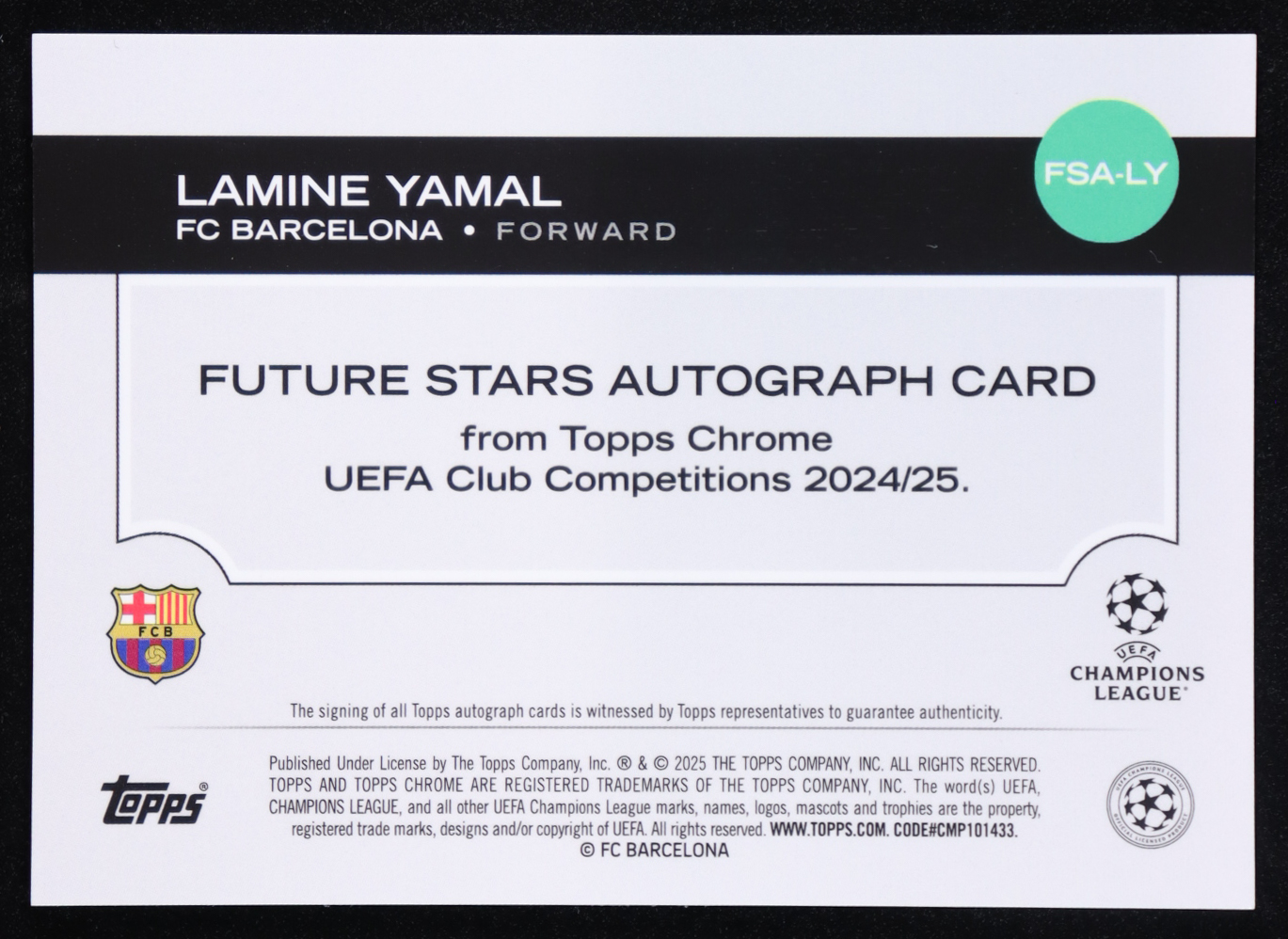 Lamine Yamal 2024-25 Topps Chrome UEFA Club Competitions Future Stars Autographs Aqua Refractors #FSALY #032/199 at PristineAuction.com Lamine Yamal 2024-25 Topps Chrome UEFA Club Competitions Future Stars Autographs Aqua Refractors #FSALY #032/199 at PristineAuction.com