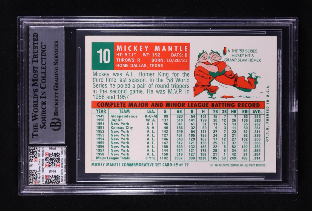 Mickey Mantle 1996 Topps Mantle Case #9 / 1959 Topps with Game-Worn Pants Piece (BGS) at PristineAuction.com Mickey Mantle 1996 Topps Mantle Case #9 / 1959 Topps with Game-Worn Pants Piece (BGS) at PristineAuction.com