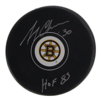 Gerry Cheevers Signed Bruins Logo Hockey Puck Inscribed "HOF 85" (Schwartz) at PristineAuction.com