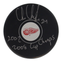 Chris Chelios Signed Red Wings Logo Hockey Puck Inscribed "2002 2008 Cup Champs" (Schwartz) at PristineAuction.com