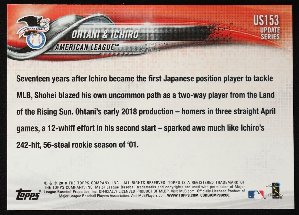 Shohei Ohtani RC / Ichiro Suzuki 2018 Topps Update #US153 Japan's Finest at PristineAuction.com Shohei Ohtani RC / Ichiro Suzuki 2018 Topps Update #US153 Japan's Finest at PristineAuction.com