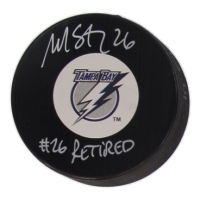 Martin St. Louis Signed Lightning Logo Hockey Puck Inscribed "#26 Retired" (Schwartz) at PristineAuction.com