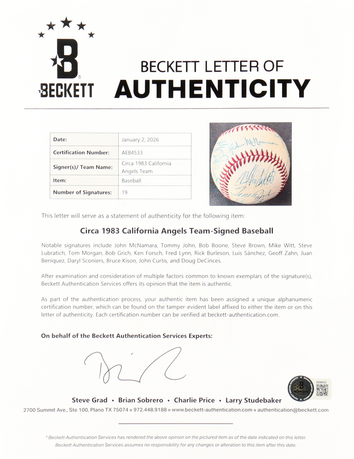 1983 Angels OAL Baseball Team-Signed by (19) with John McNamara, Tommy John, Bob Boone, Steve Brown (Beckett) at PristineAuction.com 1983 Angels OAL Baseball Team-Signed by (19) with John McNamara, Tommy John, Bob Boone, Steve Brown (Beckett) at PristineAuction.com