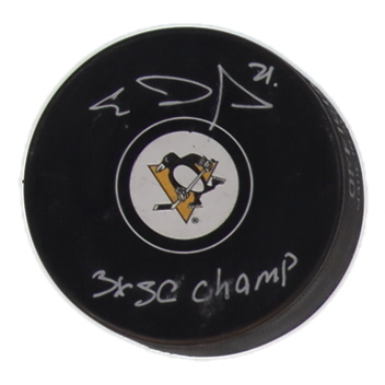 Evgeni Malkin Signed Penguins Logo Hockey Puck Inscribed "3x SC Champ" (JSA) at PristineAuction.com Evgeni Malkin Signed Penguins Logo Hockey Puck Inscribed "3x SC Champ" (JSA) at PristineAuction.com