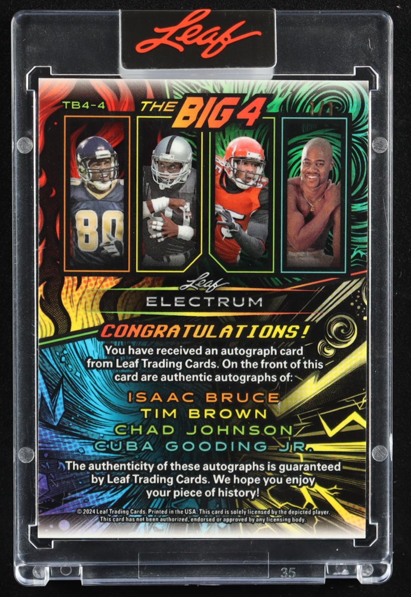 Isaac Bruce / Tim Brown / Chad Johnson / Cuba Gooding Jr. 2024 Leaf Electrum The Big 4 Autographs Silver #TB44 #1/1 at PristineAuction.com Isaac Bruce / Tim Brown / Chad Johnson / Cuba Gooding Jr. 2024 Leaf Electrum The Big 4 Autographs Silver #TB44 #1/1 at PristineAuction.com