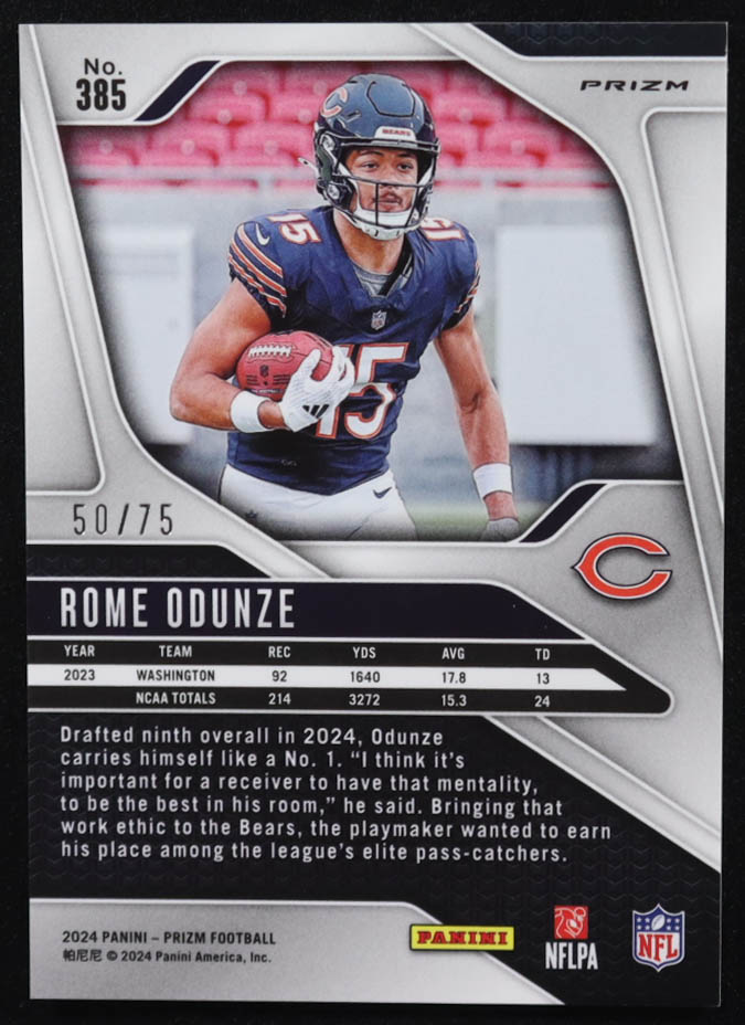 Rome Odunze 2024 Panini Prizm Prizms No Huddle Red #385 #50/75 RC at PristineAuction.com Rome Odunze 2024 Panini Prizm Prizms No Huddle Red #385 #50/75 RC at PristineAuction.com