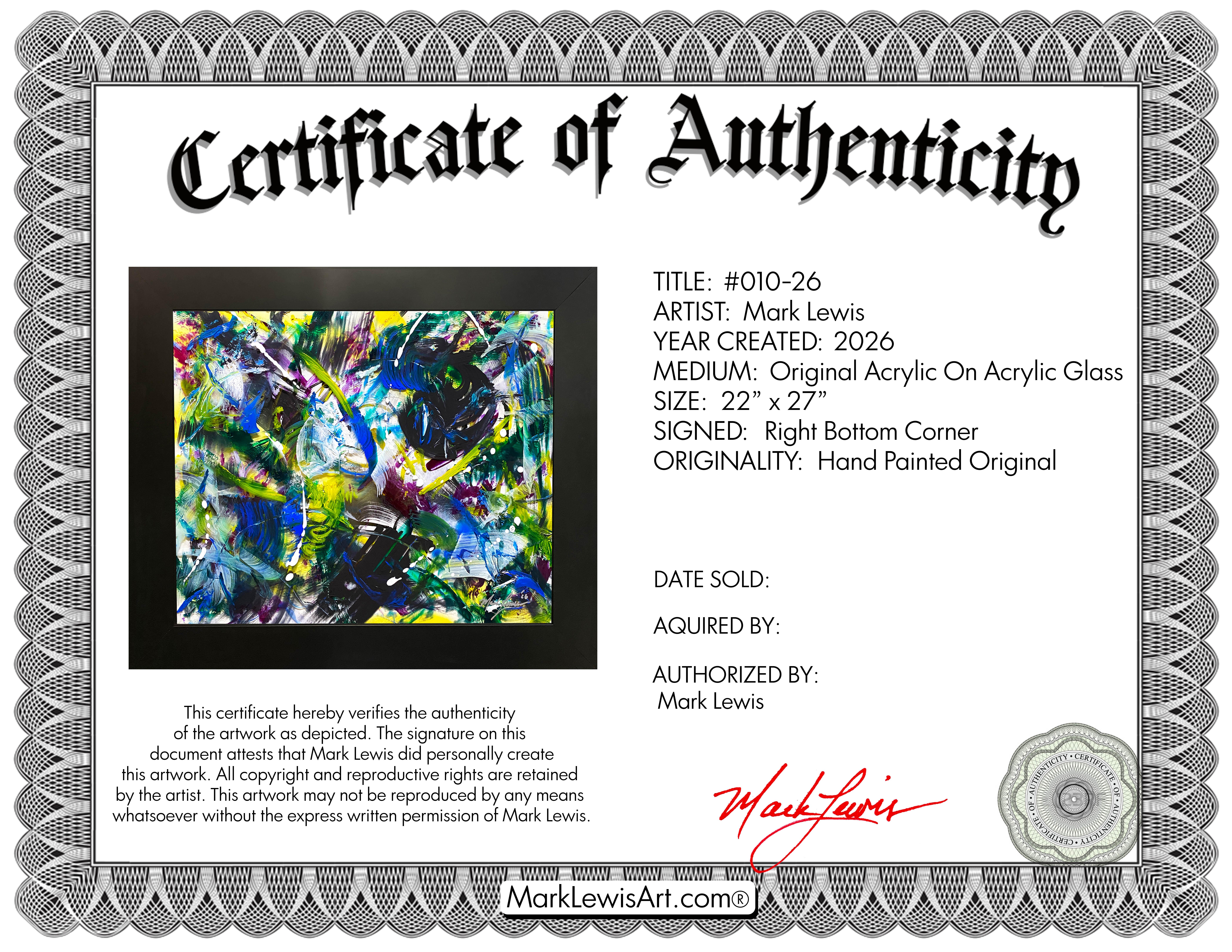 Mark Lewis Original Custom Framed Abstract Painting On Glass 010-26 (Lewis) at PristineAuction.com Mark Lewis Original Custom Framed Abstract Painting On Glass 010-26 (Lewis) at PristineAuction.com