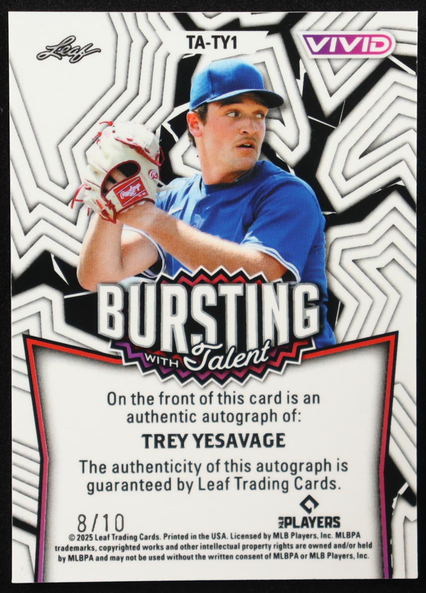 Trey Yesavage 2025 Leaf Vivid Bursting With Talent Autographs Crystal Teal #TATY1 #08/10 RC at PristineAuction.com Trey Yesavage 2025 Leaf Vivid Bursting With Talent Autographs Crystal Teal #TATY1 #08/10 RC at PristineAuction.com