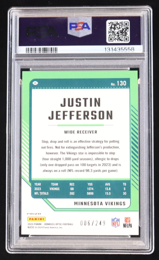 Justin Jefferson 2024 Panini Donruss Optic Orange #130 #006/249 (PSA 10) at PristineAuction.com Justin Jefferson 2024 Panini Donruss Optic Orange #130 #006/249 (PSA 10) at PristineAuction.com