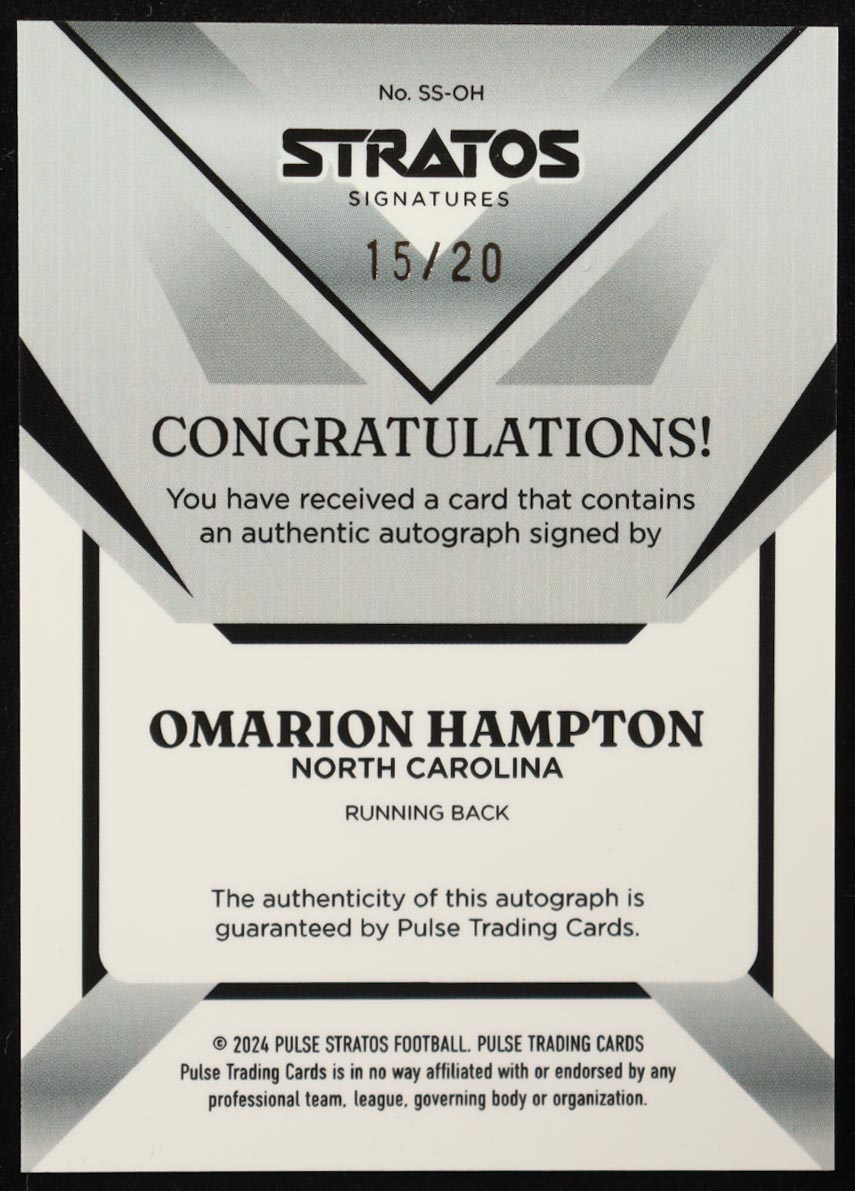 Omarion Hampton 2024 Pulse Stratos Signatures #OH #15/20 RC at PristineAuction.com Omarion Hampton 2024 Pulse Stratos Signatures #OH #15/20 RC at PristineAuction.com