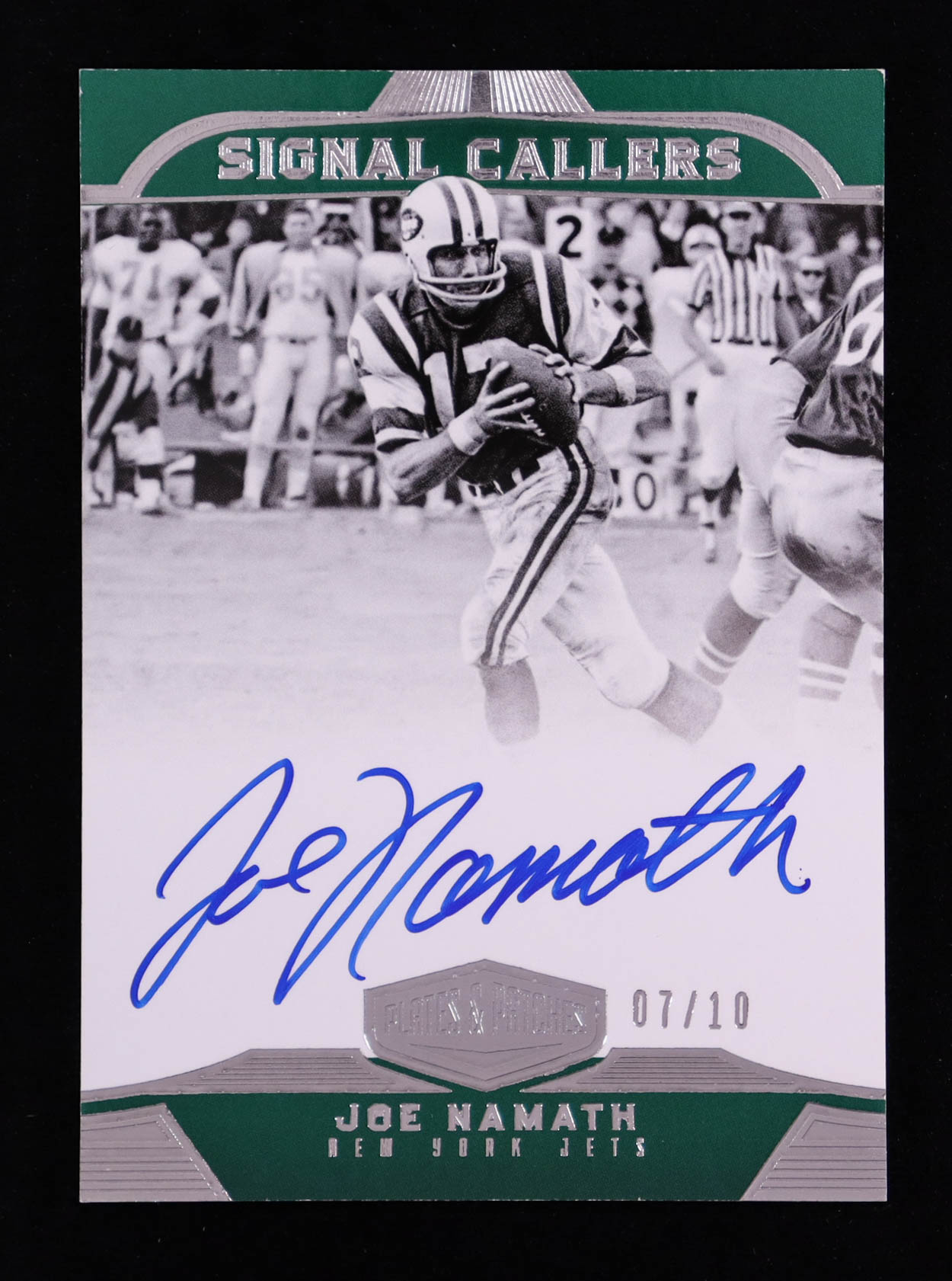 Joe Namath 2017 Panini Plates and Patches Signal Callers Autographs #9 #07/10 at PristineAuction.com Joe Namath 2017 Panini Plates and Patches Signal Callers Autographs #9 #07/10 at PristineAuction.com